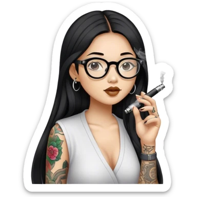 Black hair long hair Asian girl, wearing slippers, glasses, only one arm tattooed, smoking an e-cigarette sticker