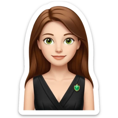 confident CEO named Freya McOmish, smiling, hazel green eyes, straight long hair parted in the middle, subtle freckles, broad shoulders, wearing a black evening dress sticker