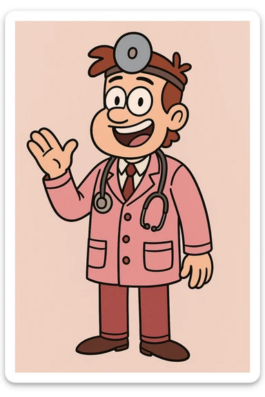 a cheerful doctor character in a pink outfit, simple background, illustration sticker