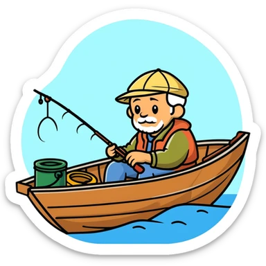 elderly fisherman sitting in boat with fishing rod sticker