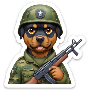 Rottweiler dog with Ak-47 and wearing militar helmet sticker