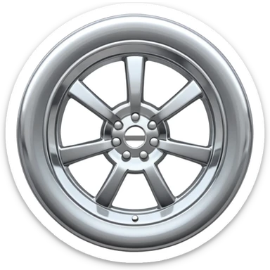 A chrome car wheel emoji, polished silver metal rim, smooth circular shape, minimal futuristic design, soft reflections, iOS emoji style, centered on white background, ultra clean look sticker