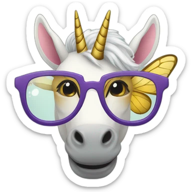 A unicorn with glasses and a bee sticker