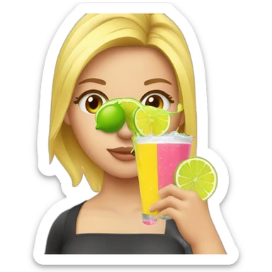 crazy blonde girl straw drinking pink lemonade with one green lemon in the cup, with black watch black tshirt sticker