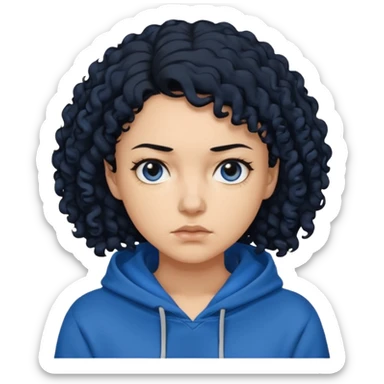 A woman with curly black hair, wearing a blue-black hoodie, and a slightly serious expression on her face. sticker