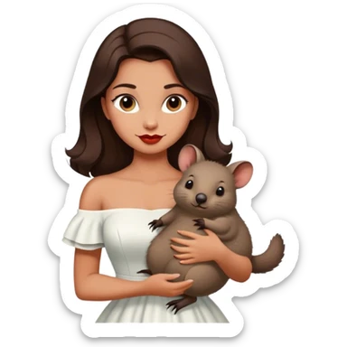 Beautiful woman in 1950’s woman fashion look, off-shoulder white dress, long dark brown hair, wombat sticker