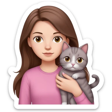 white girl with long brown hair wearing a pink shirt holding a gray cat  sticker