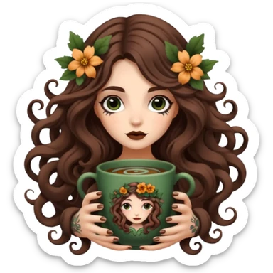 cute forest witch woman long wavy brown hair tattoos curled in flower cup sticker