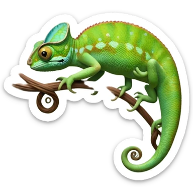 cinematic-chameleon-realistic-full-body-climbing-emoji,-slender-body-gripping-a-twisting-vine-with-prehensile-feet,-scaly-green-skin-shifting-shades-with-its-environment,-large-bulging-eyes-rotating-independently,-delicate-coiled-tail-curling-behind,-long-tongue-slightly-protruding-as-if-ready-to-strike,-simplified-yet-realistic-focused-features,-highly-detailed,-glowing-with-an-ethereal-forest-light sticker
