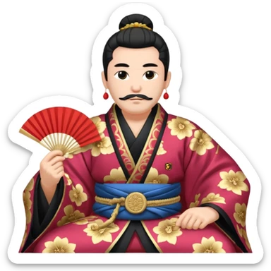 Wealthy warlord in ornate kimono, crest on chest, seated with fan in hand. sticker