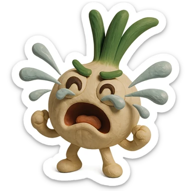 cute and funny anthropomorphic green onion character in claymation style, round white onion body, large expressive eyes, green leaves as hair, exaggerated crying face with onion juice tears spraying out dramatically, highly expressive and humorous pose, pastel kawaii colors, visible clay textures, high quality lighting, transparent background sticker