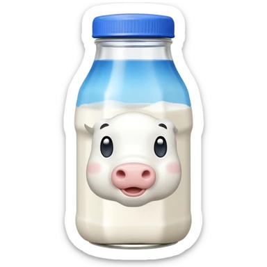 A 3D cartoon glass bottle of cow’s milk — white liquid, blue cap, clear reflections, Memoji-style rendering. sticker