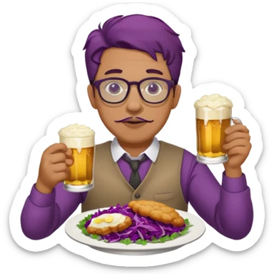 Man with wire framed glasses german eating schnitzel, red cabbage, sauerkraut, potato salad, and beer sticker