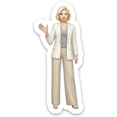 Full height Actively gesturing with hands pale skin woman with ash blonde Straightened bob Hair, White Spacious classical jacket, beige palazzo Arrow pants and gray blouse sticker