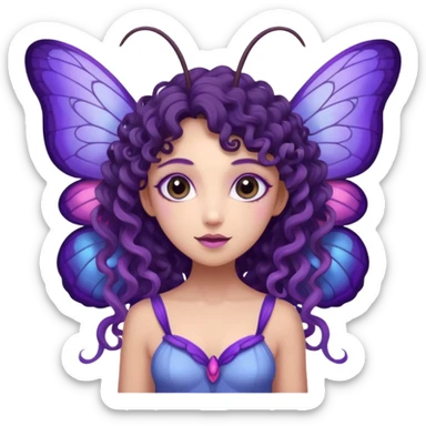 moth fairy with dark curly hair, light purple skin, and moth wings of blue purple and pink. she has moth antenna sticker