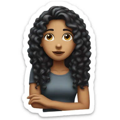 girl with long curly black hair with her hand on her chin thinking sticker