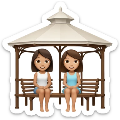 Two small brunette women sitting under a large white gazebo sticker