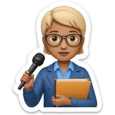 Apple Memoji-style 3D emoji of a journalist holding a microphone and notepad, smooth gradients, rounded shapes, no background. sticker