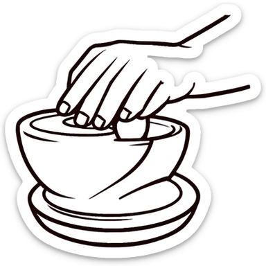 thumb pressing side of clay onto a silver pottery wheel, thumb at the bottom of the clay, pottery gesture sticker