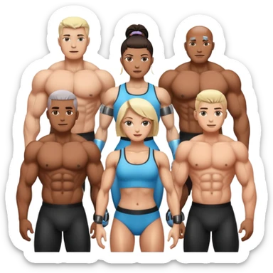 a group of pumped up men and women with visible cyber implants sticker