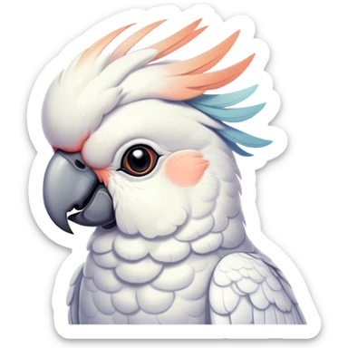 Cinematic Noble Cockatoo Portrait Emoji, Poised and regal, with a striking, crest-adorned head of brilliant white and pastel hues, a robust, curved beak, and piercing, intelligent eyes, Simplified yet sharp and sophisticated features, highly detailed, glowing with a soft, tropical luminescence, high shine, intelligent and majestic, stylized with an air of avian elegance, focused and alert, soft glowing outline, capturing the essence of a watchful and confident cockatoo that appears ready to unfurl its crest out of the screen with effortless authority! sticker
