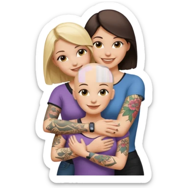 throuple blonde femaleand brunette female with bald tattooed sticker