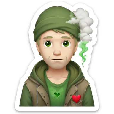 Homeless Caucasian male with green smoke around him and ripped clothes with valentines decor (no balloons) sticker