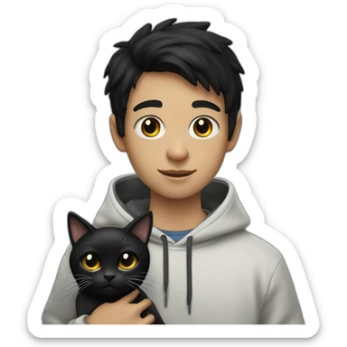 black haired and white skin boy who wears hoodie holds a black cat sticker