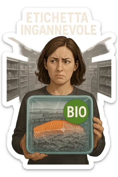 Scena in un supermercato moderno: uomo o donna tiene in mano una confezione di salmone etichettata 'BIO', con un grande bollino verde. Ma in trasparenza, dietro l’etichetta, si intravede un allevamento intensivo di salmoni in gabbie marine, acqua torbida e pesci ammassati. Espressione del cliente confusa e sospettosa. Sopra la testa, testo simbolico fluttuante: 'Etichetta ingannevole'. Colori contrastanti: confezione brillante ma realtà di fondo grigia e artificiale. Stile realistico con elementi simbolici forti sticker