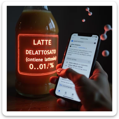 hyper-realistic extreme close-up of an ingredient list showing 'LATTE DELATTOSATO (contiene lattosio <0.1%)' glowing red, a man's finger pointing at the label, his phone screen displaying a Google search for 'Lattasi sintetica effetti collaterali', and a floating lactose molecule nearby sticker