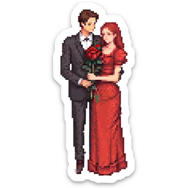 small pixel art of a romantic Spanish tango couple, man in black suit with red rose, woman in dramatic red dress pose, close embrace, cute and vibrant, emoji size sticker