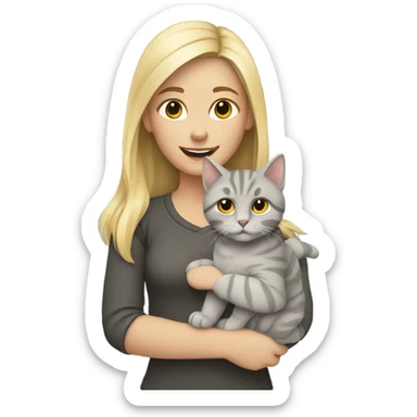 Blonde girl with grey fluffy tabby cat sticker