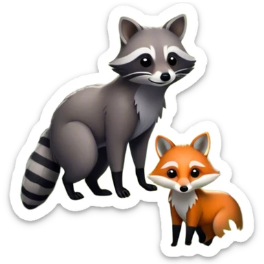 Collage of a raccoon and a fox, in close-up, set in a beautiful forest with tall trees, green bushes, and sunlight filtering through the leaves. Both animals look curious and playful. A vibrant, wild atmosphere with a transparent background. sticker
