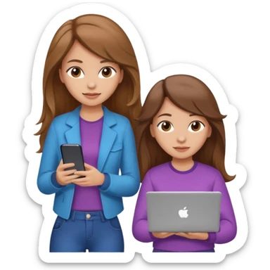 two brown haired girls, looking professional maybe leaned back on back and looking forward and using phones, with longer hair and with some cute clothes without ties, blowout hair, one girl can hold lap top athoer one can hold the phone sticker
