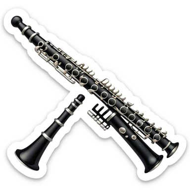 Create an emoji, representing a black standard clarinet. The design should feature a smooth, glossy black body of the clarinet with shiny, silver keys clearly visible. Highlight the intricate details of the mouthpiece and reed at the top, while the body of the instrument should remain simple and elegant. Add subtle musical notes or soundwaves floating around the instrument to symbolize its clear, melodic sound. Use black for the body, silver for the keys, and soft lighting effects to give the instrument a polished, sophisticated look. The background should be transparent. sticker