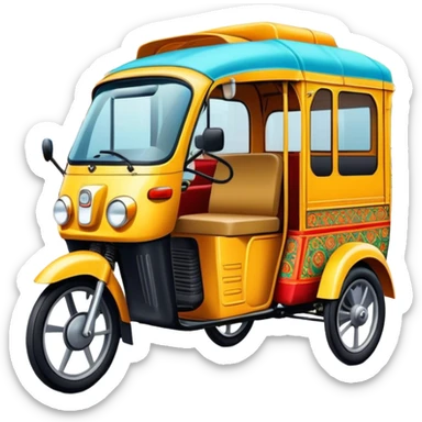 Cinematic Realistic image of a colorful auto rickshaw, rendered with detailed textures and lively, bold hues, set on a bustling urban street with dynamic, vibrant lighting that emphasizes its iconic role sticker