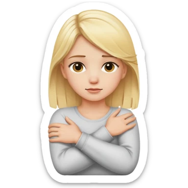 blonde girl crossing her arms holding her heck sticker