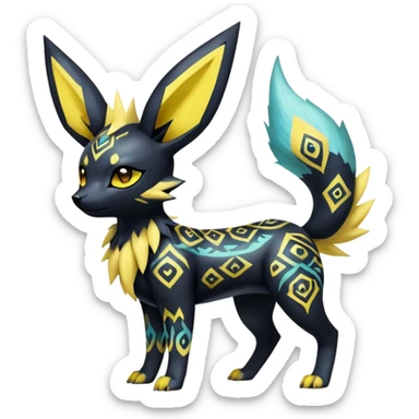 Shiny Exotic Badass Colorful Ethereal Royal Mysterious Gothic Umbreon-Jolteon-Pokémon-Fakémon-hybrid-creature (full body) with pattern-markings sticker