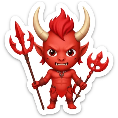 a Red devil, short horn Chibi red demon hold a trident sticker