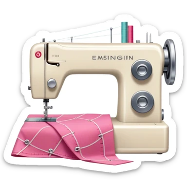 Sewing icon, measuring tape, pins, scissors, and a dress in progress, sewing machine with thread, visible needle, spools of thread, fabric pieces cut according to patterns, minimalistic style, clean lines, transparent background. sticker