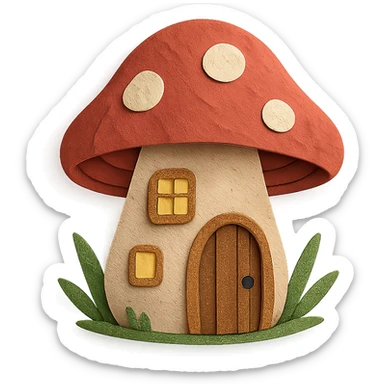 mushroom-shaped house with glowing lights, forest fairy tale vibe, paper-craft style sticker