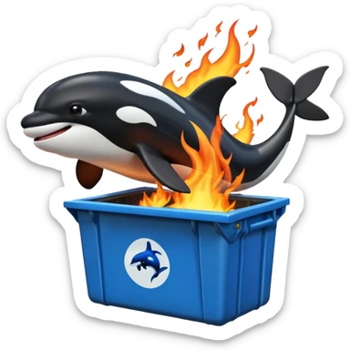 3d Cartoon orca coming out of a dumpster on fire sticker