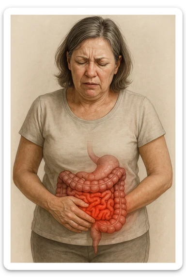 Donna in menopausa con intestino infiammato evidente immagine realistica sticker