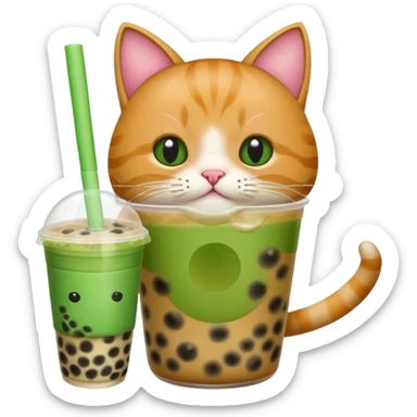 cat drinking bubble tea, apple style emoji, green background sticker