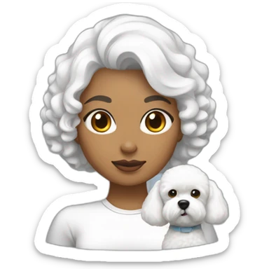 mujer blanca pelo negro con peinado de moño y perro bichon maltés blanco sticker