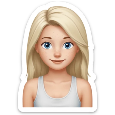 Una chica de tez blanca con pecas, nariz respingada, labios gruesos, ojos grandes color azul grisáceo, pelo largo, lacio, color avellana. Con una blusa de tirantes blanca. Que este sonriendo y q solo se vea de la cintura hacía arriba sticker