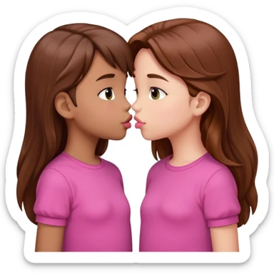 two 5 year old gals about to kiss on the lips, lips extremely close but not touching, pink shirts, long brown hair sticker