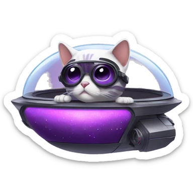 Cute purple hoverpetcat  in a spaceship with cool black glasses on sticker