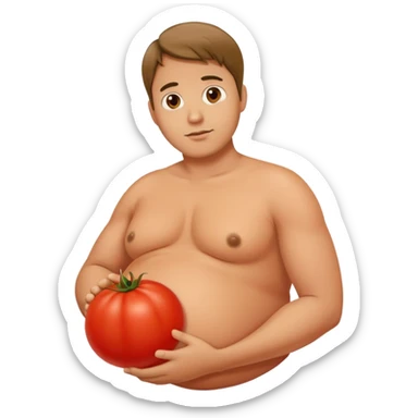 very pregnant man with a round red tomato as his pregnant belly sticker
