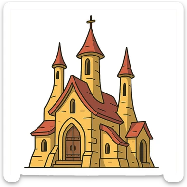 medieval temple, cartoon style, exaggerated shapes, bright colors, tall towers sticker